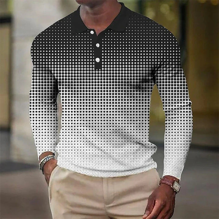Man wearing black and white gradient dot pattern long-sleeve polo shirt with beige pants