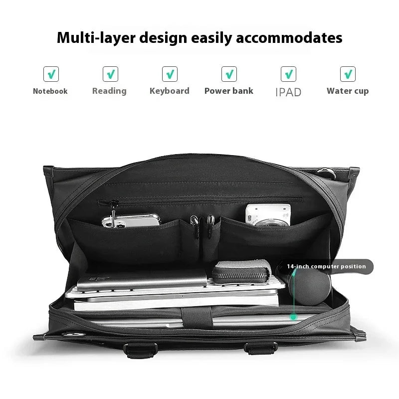 Open black multi-layer laptop bag organized with notebook, keyboard, power bank, iPad, and water cup