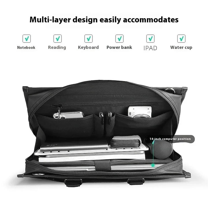 Open black multi-layer laptop bag organized with notebook, keyboard, power bank, iPad, and water cup