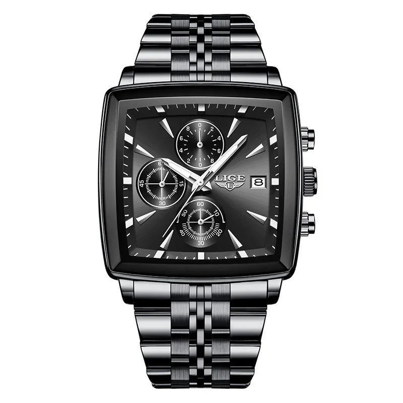 LIGE men's stainless steel chronograph watch with black square dial and date display