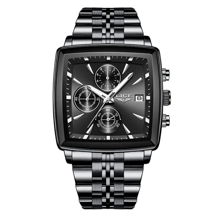 LIGE men's stainless steel chronograph watch with black square dial and date display