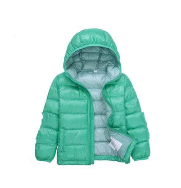 Green lightweight puffer jacket with hood, open front showing light gray lining