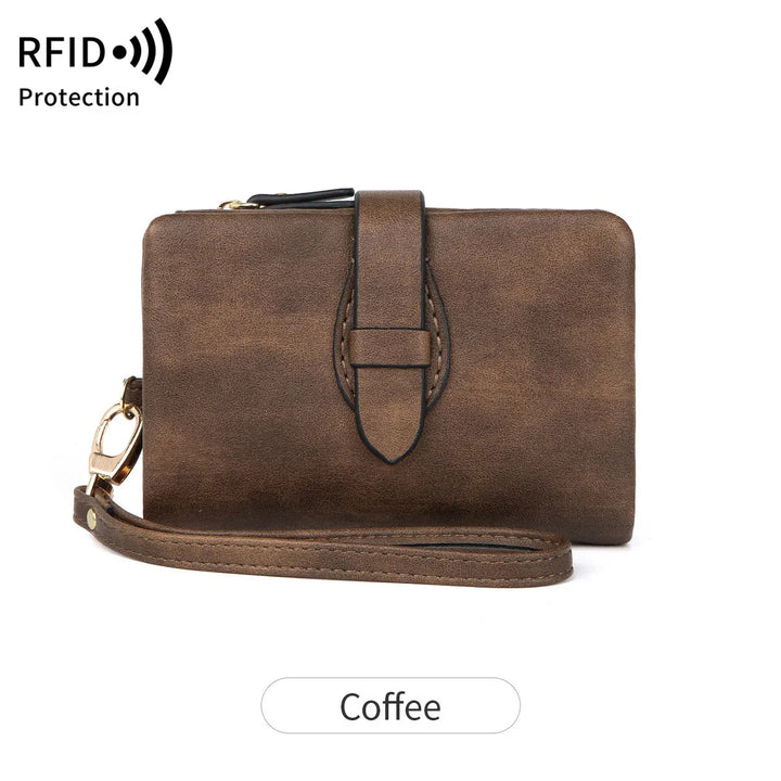 Coffee brown leather wristlet wallet with RFID protection and gold clasp