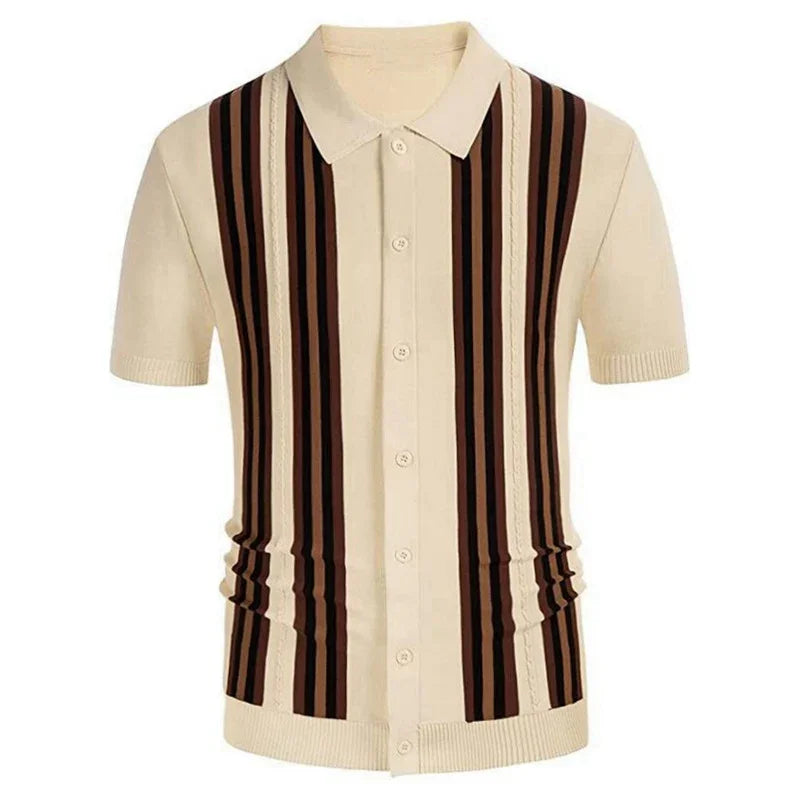 Beige short-sleeve knit polo shirt with vertical brown and black stripes and button-down front