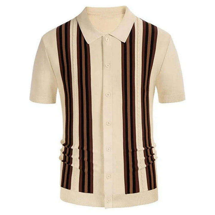 Beige short-sleeve knit polo shirt with vertical brown and black stripes and button-down front