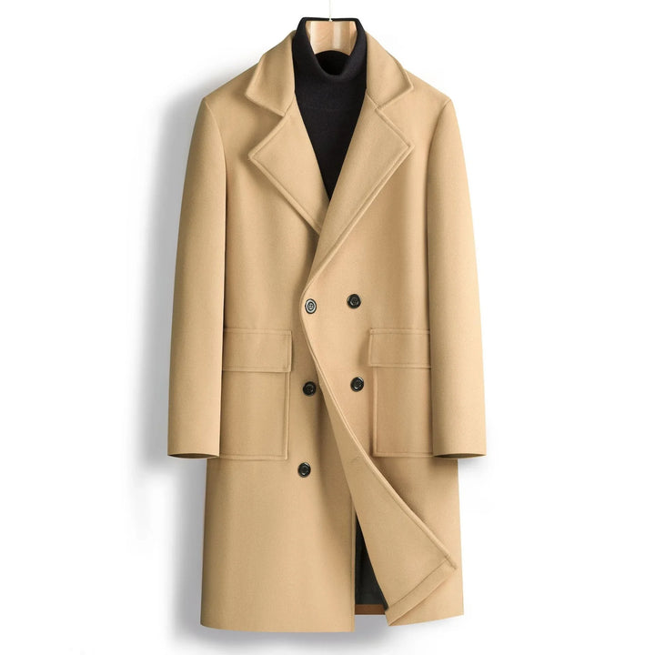 Beige double-breasted wool coat with black buttons over black turtleneck on wooden hanger