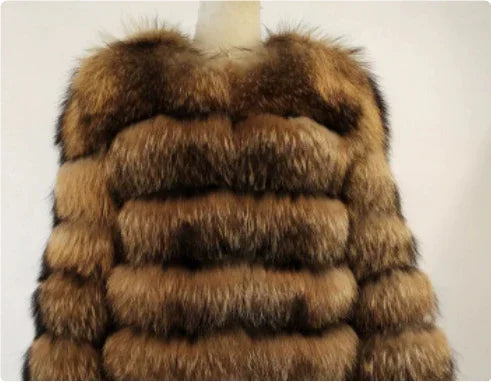 Close-up of a luxurious brown and black striped fur coat on a mannequin