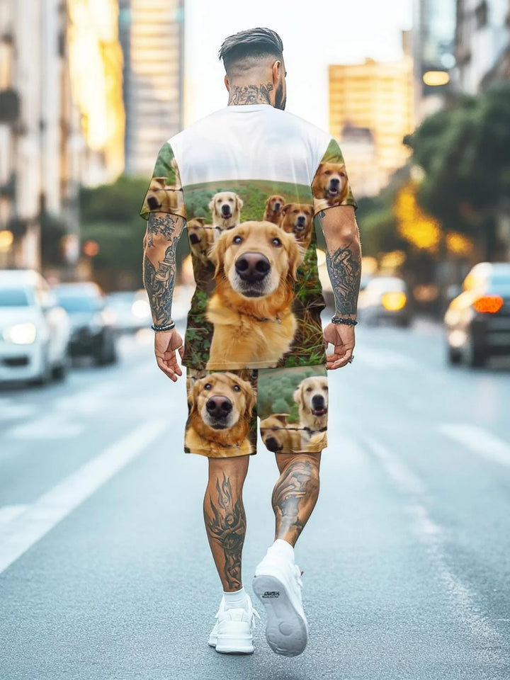 Man with tattoos walking on city street wearing matching shorts and T-shirt set featuring golden retriever dog print
