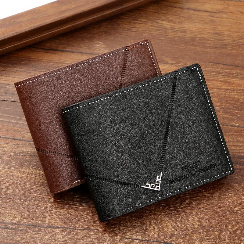 Two stylish leather wallets in black and brown with white stitching on wooden surface