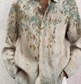 Men's casual button-up shirt with abstract leaf pattern in green and brown on beige fabric