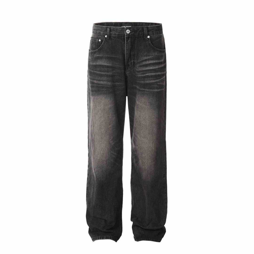 Black washed loose-fit jeans with faded thigh areas and button closure