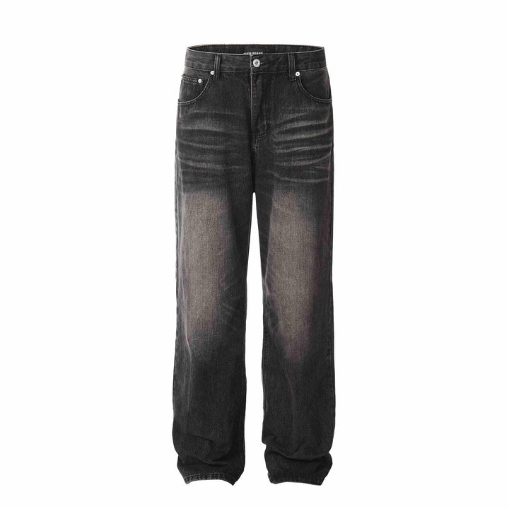 Black washed loose-fit jeans with faded thigh areas and button closure