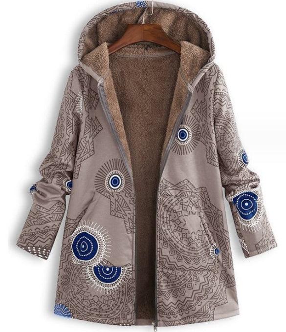 Brown hooded winter coat with blue and white geometric mandala patterns and soft fleece lining