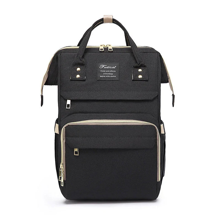 black rectangular backpack with beige zipper accents and dual top handles, front pockets, and a small logo patch