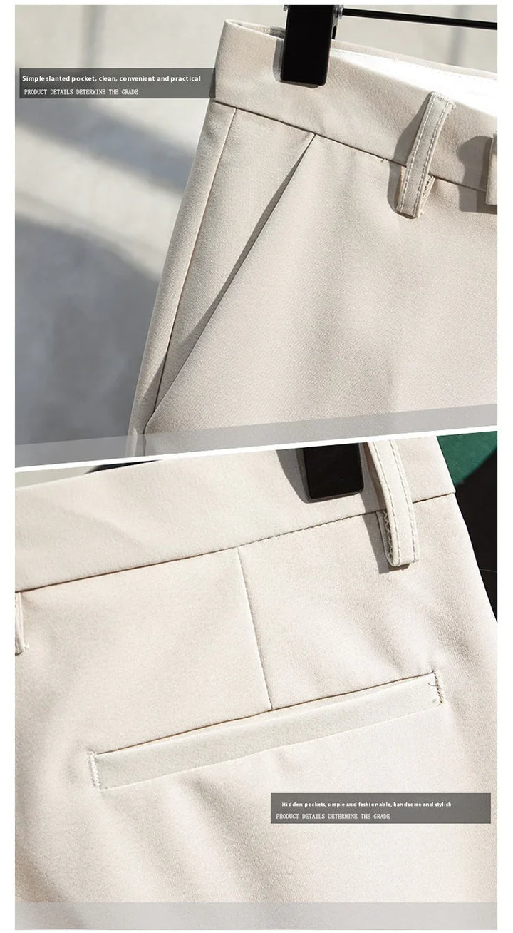 Close-up of beige pants highlighting a clean, practical slanted front pocket and a simple hidden back pocket