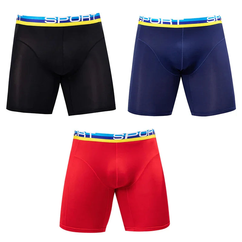 Set of three men's sport boxer briefs in black, navy blue, and red with blue and yellow waistbands