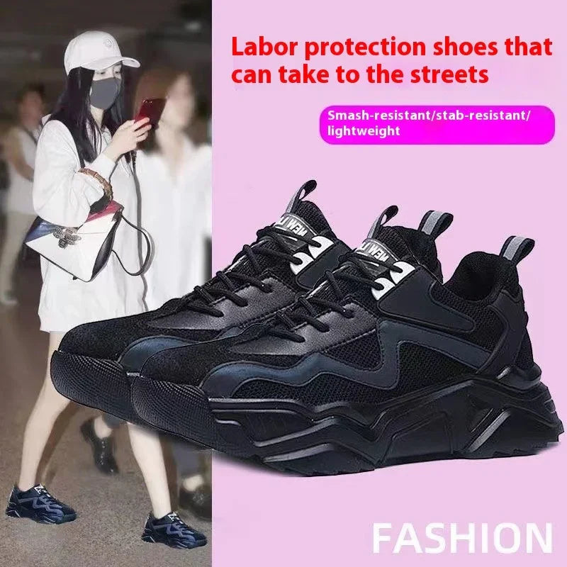 Black labor protection shoes with lightweight, smash-resistant, stab-resistant features for streetwear fashion