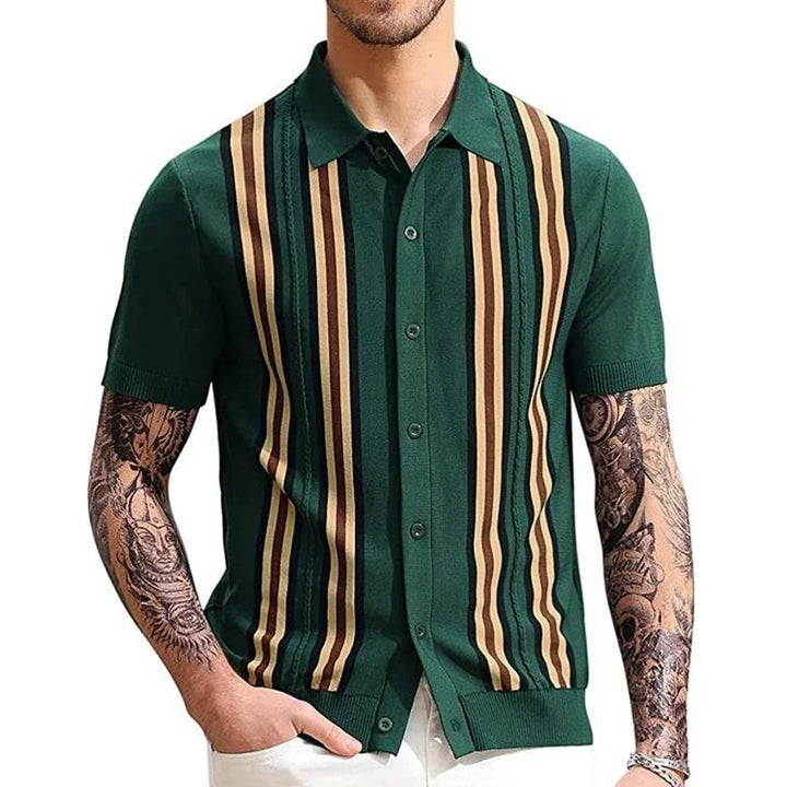 Men's short-sleeve green button-up shirt with vertical beige and brown stripes, tattooed arms