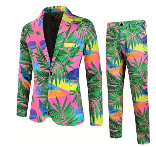 colorful tropical leaf print suit jacket and pants with pink, yellow, blue, and green hues