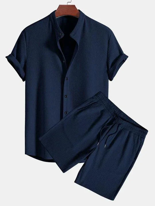 men's navy blue short sleeve button-up shirt and elastic waist drawstring shorts set