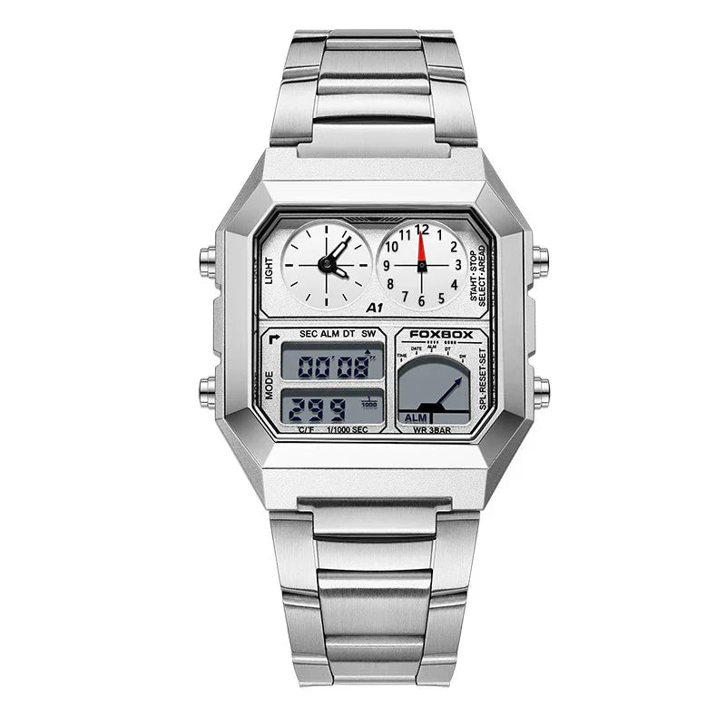 Silver Foxbox digital and analog wristwatch with stainless steel band and square face