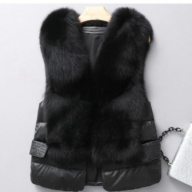 Black fur vest with padded sides and croc-texture pocket flaps on a hanger