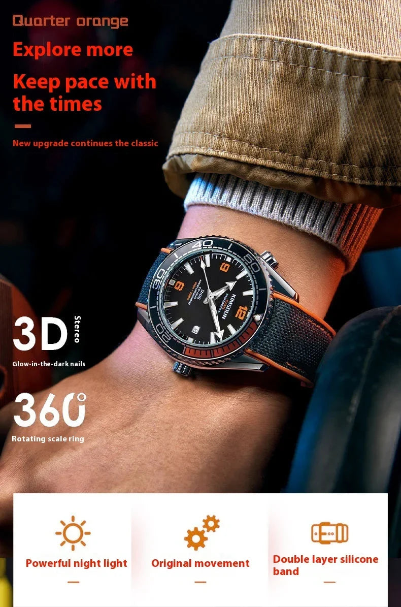 Close-up of wristwatch with black dial, orange accents, and rotating bezel on wrist with brown jacket sleeve