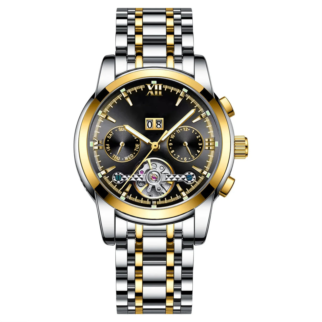 Luxury men's wristwatch with black dial, gold and silver stainless steel band, date and day subdials
