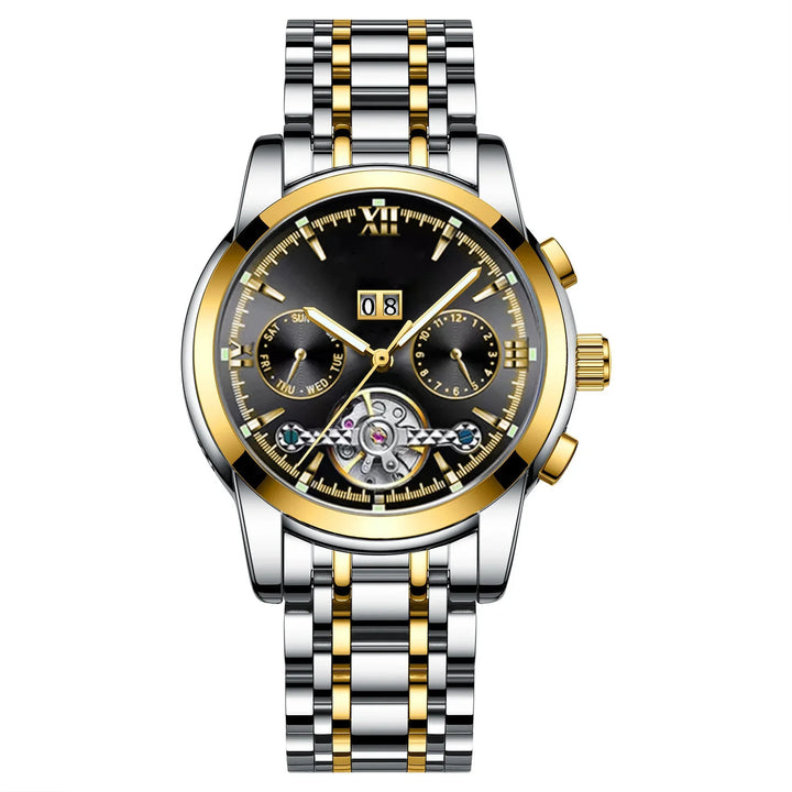 Luxury men's wristwatch with black dial, gold and silver stainless steel band, date and day subdials