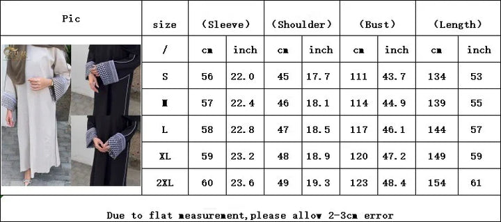 size chart for women's long sleeve dresses with patterned wide cuffs in black and beige colors
