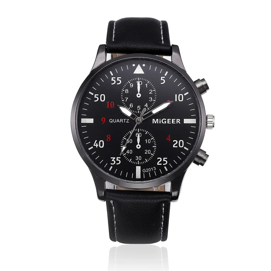 Black MiGEER quartz wristwatch with black leather strap and white-stitch detailing