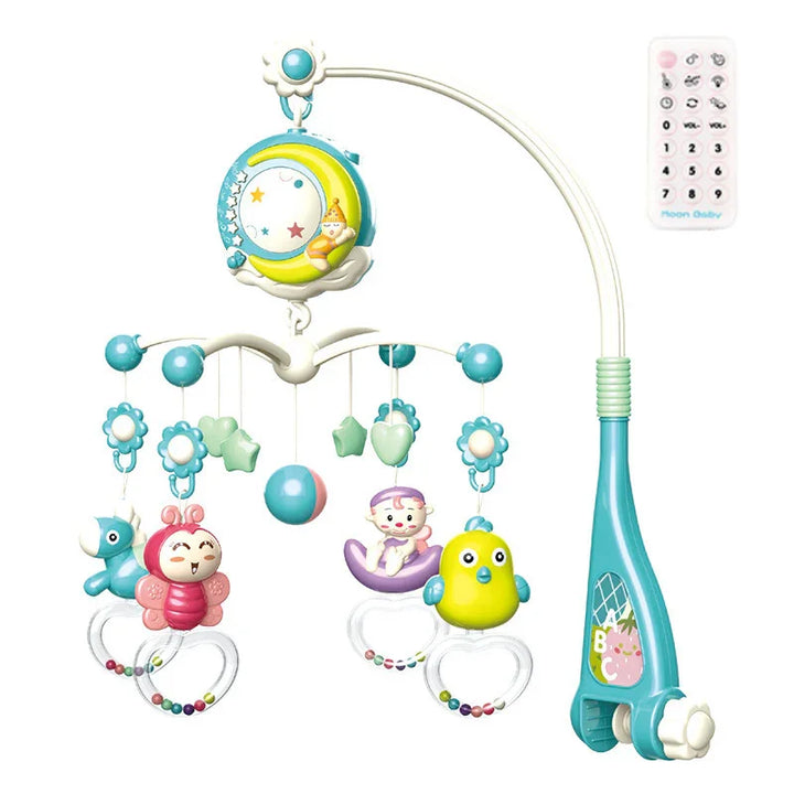 Colorful baby crib mobile with moon, stars, butterfly, yellow chick, and toy figures, includes remote control