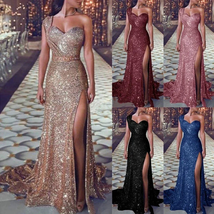Elegant one-shoulder sequin evening gowns with thigh-high slit in gold, burgundy, pink, black, and blue colors
