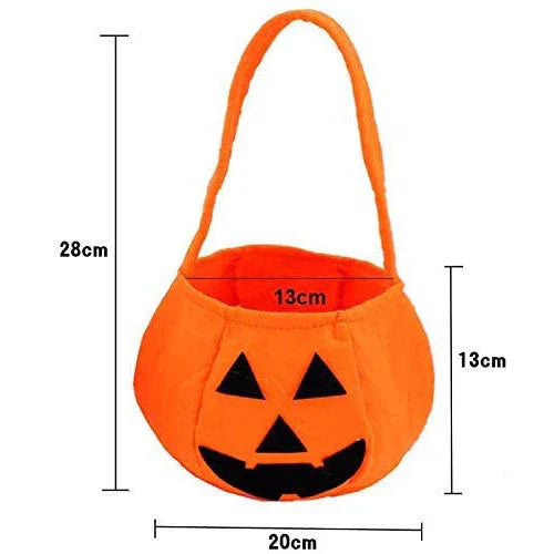 Orange fabric Halloween pumpkin bucket with black jack-o'-lantern face and handle, 20x13x28cm