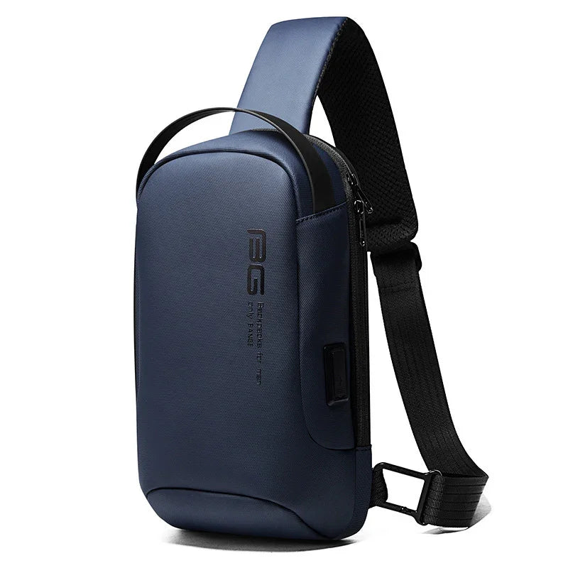 Compact navy blue sling bag with black adjustable strap and front zipper pocket