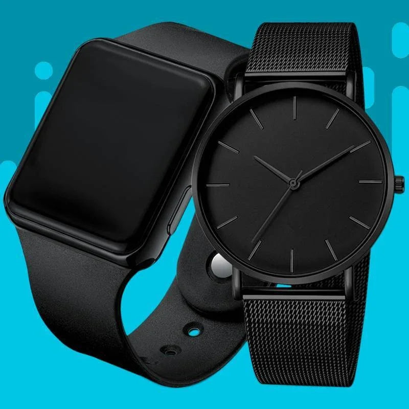 Black smartwatch with blank screen and classic black analog mesh strap watch side by side on blue background