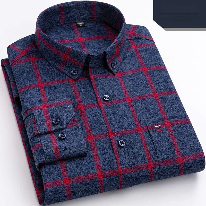 Folded men's blue plaid button-up shirt with red check pattern and buttoned collar