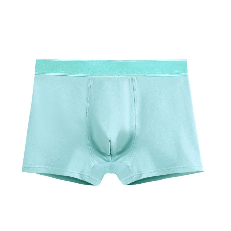 Light blue men's boxer briefs with elastic waistband on white background