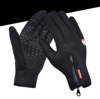 black winter gloves with zipper and textured grip palm for outdoor activities