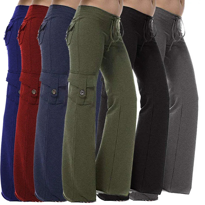 Women’s cargo pants in blue, red, navy, olive green, black, and gray with buttoned side pockets