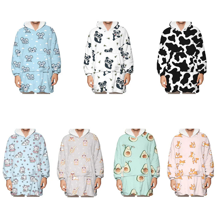 Six hooded cozy blankets with playful animal and avocado prints including koalas, pandas, cows, unicorns, dogs, and corgis