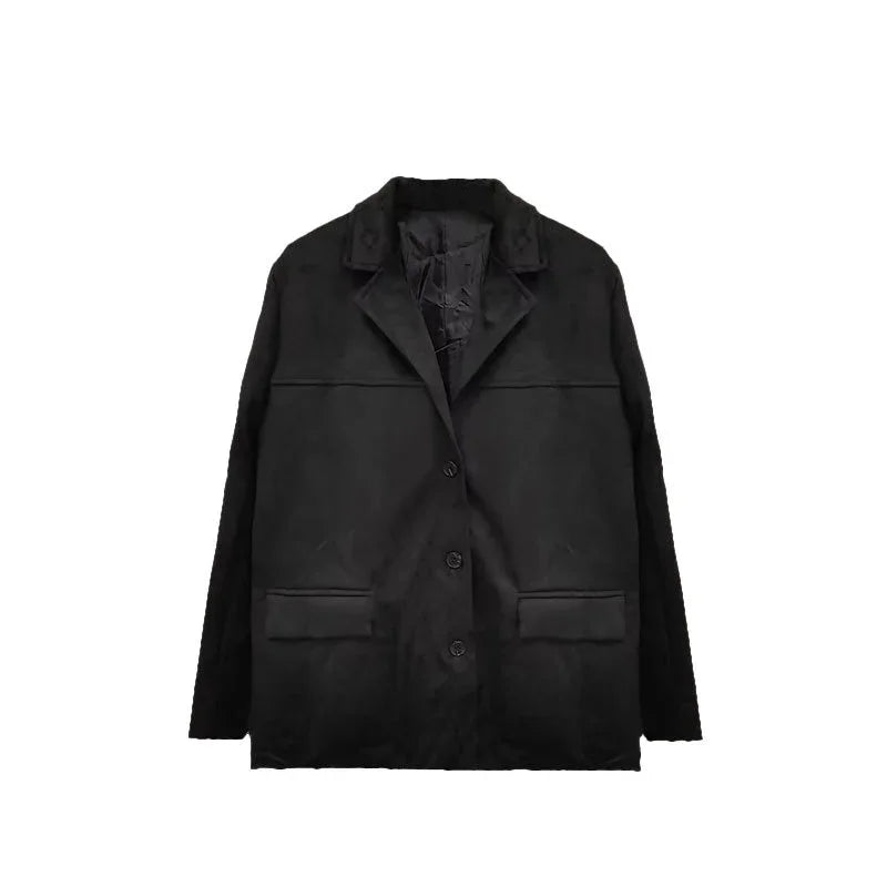 Black tailored blazer jacket with three buttons and flap pockets on white background