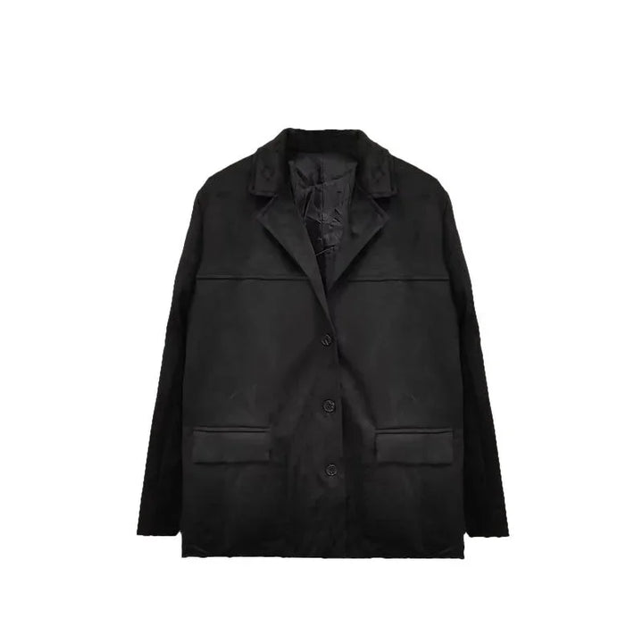 Black tailored blazer jacket with three buttons and flap pockets on white background