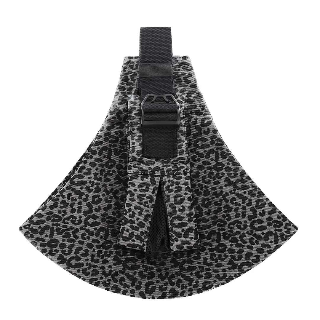 Gray and black leopard print pet harness with adjustable black buckle strap
