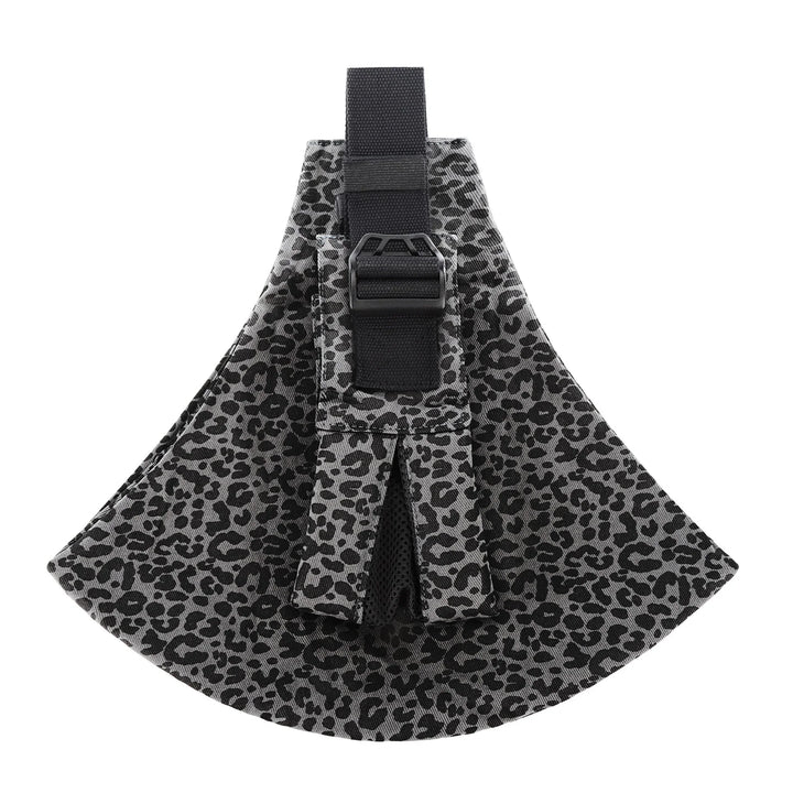 Gray and black leopard print pet harness with adjustable black buckle strap