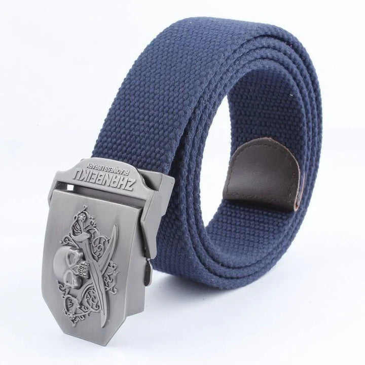 Blue canvas belt with metal buckle featuring a skull and cross swords design