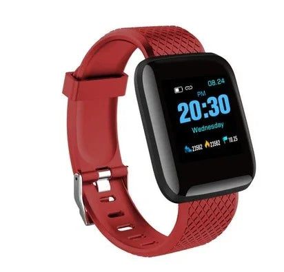 Red fitness smartwatch with black screen displaying time, date, heart rate, steps, and calories
