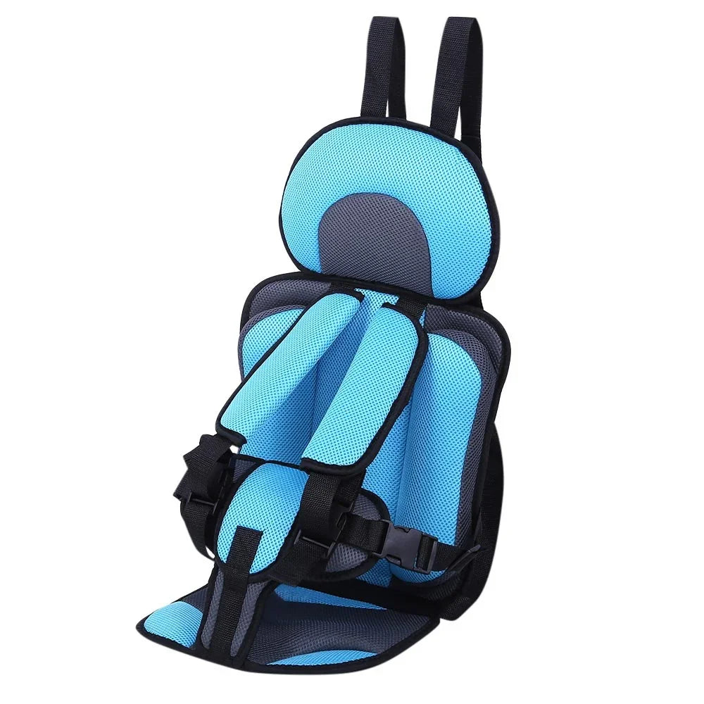 Blue and gray padded baby safety car seat harness with adjustable straps and buckle
