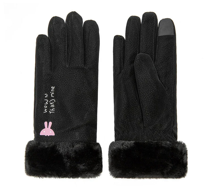 Black winter gloves with soft fur cuffs and pink bunny print with text on one glove