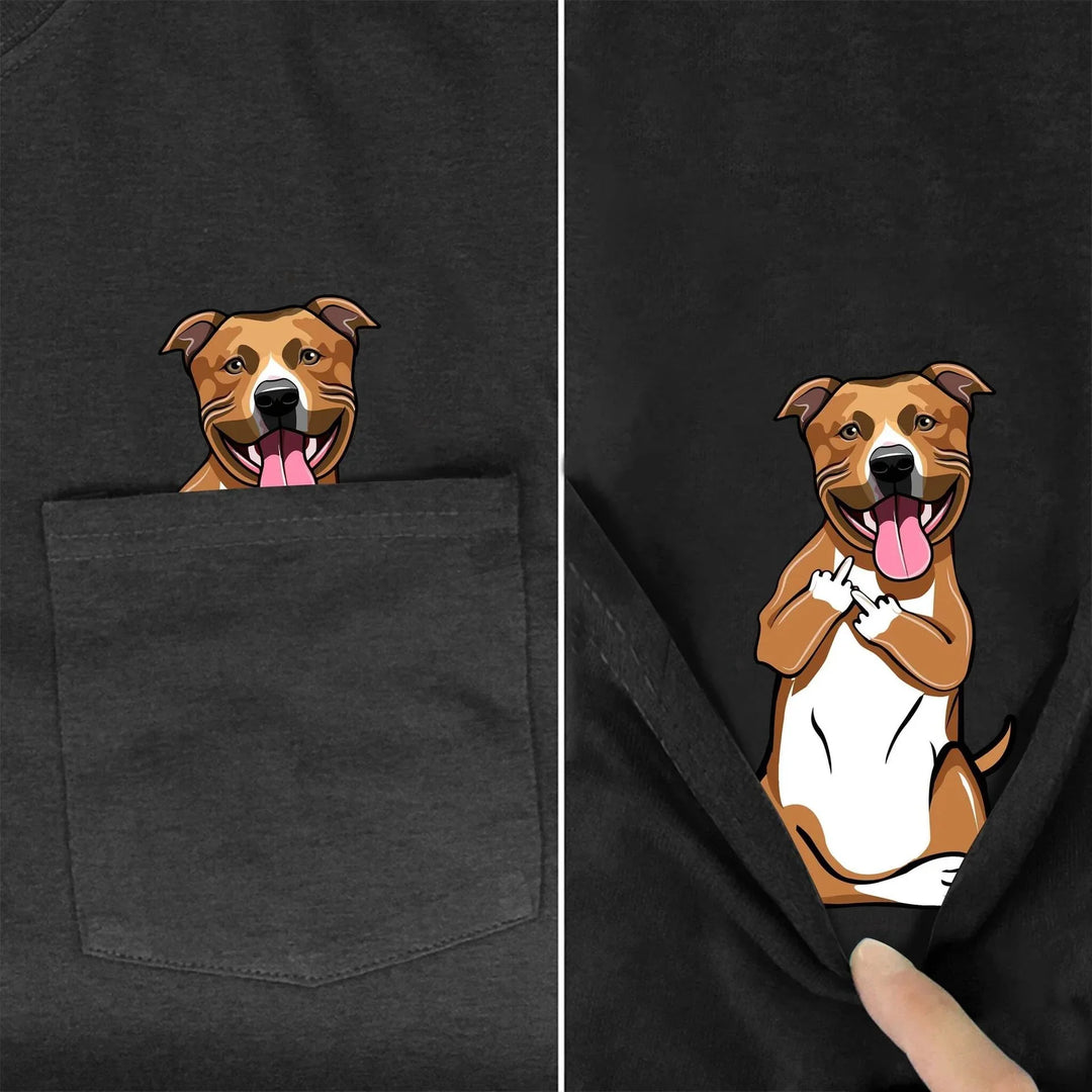 Black shirt with a pocket featuring a happy brown dog graphic that reveals a cheeky dog showing middle fingers
